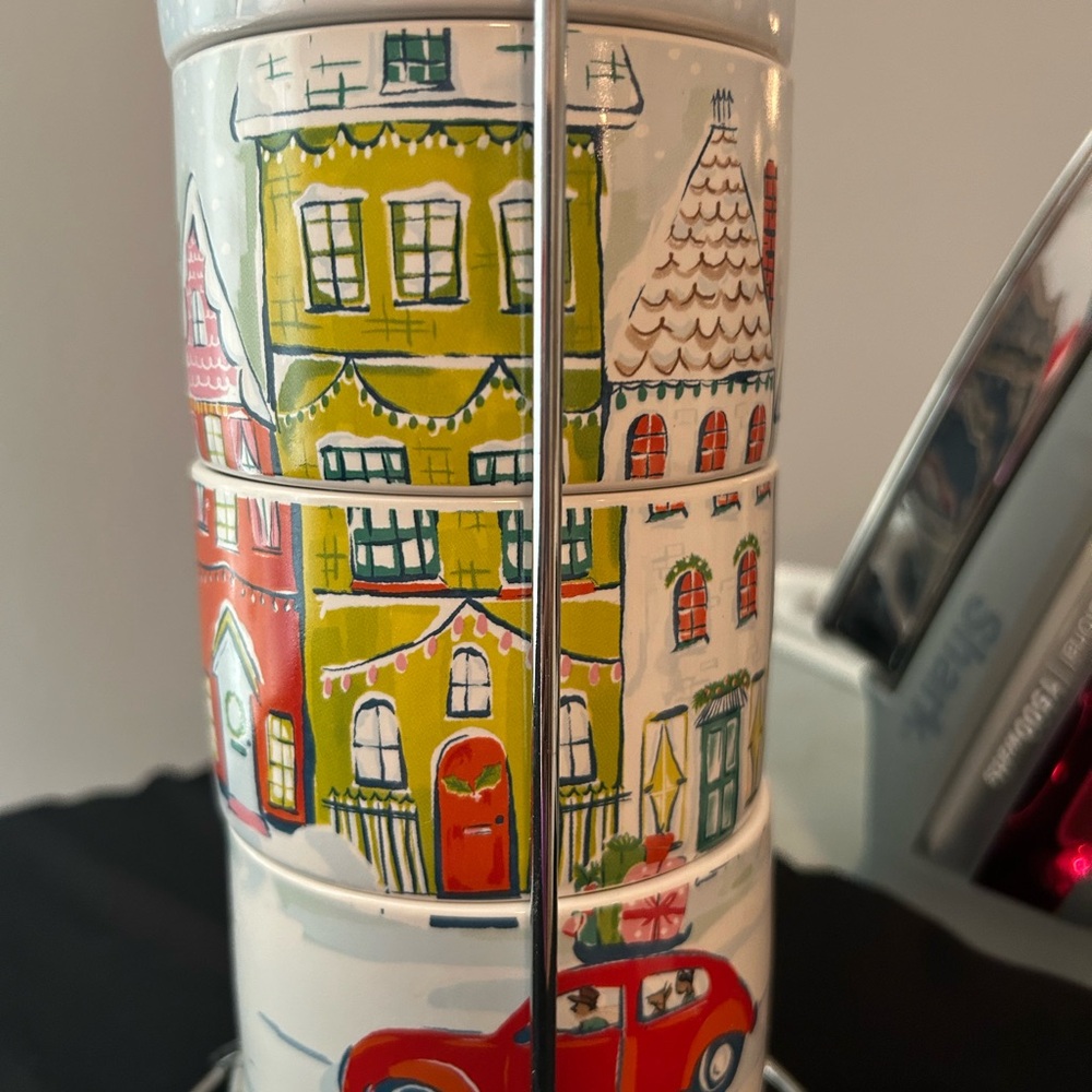 Festive Stacking Tea Cups with Holiday Village Design